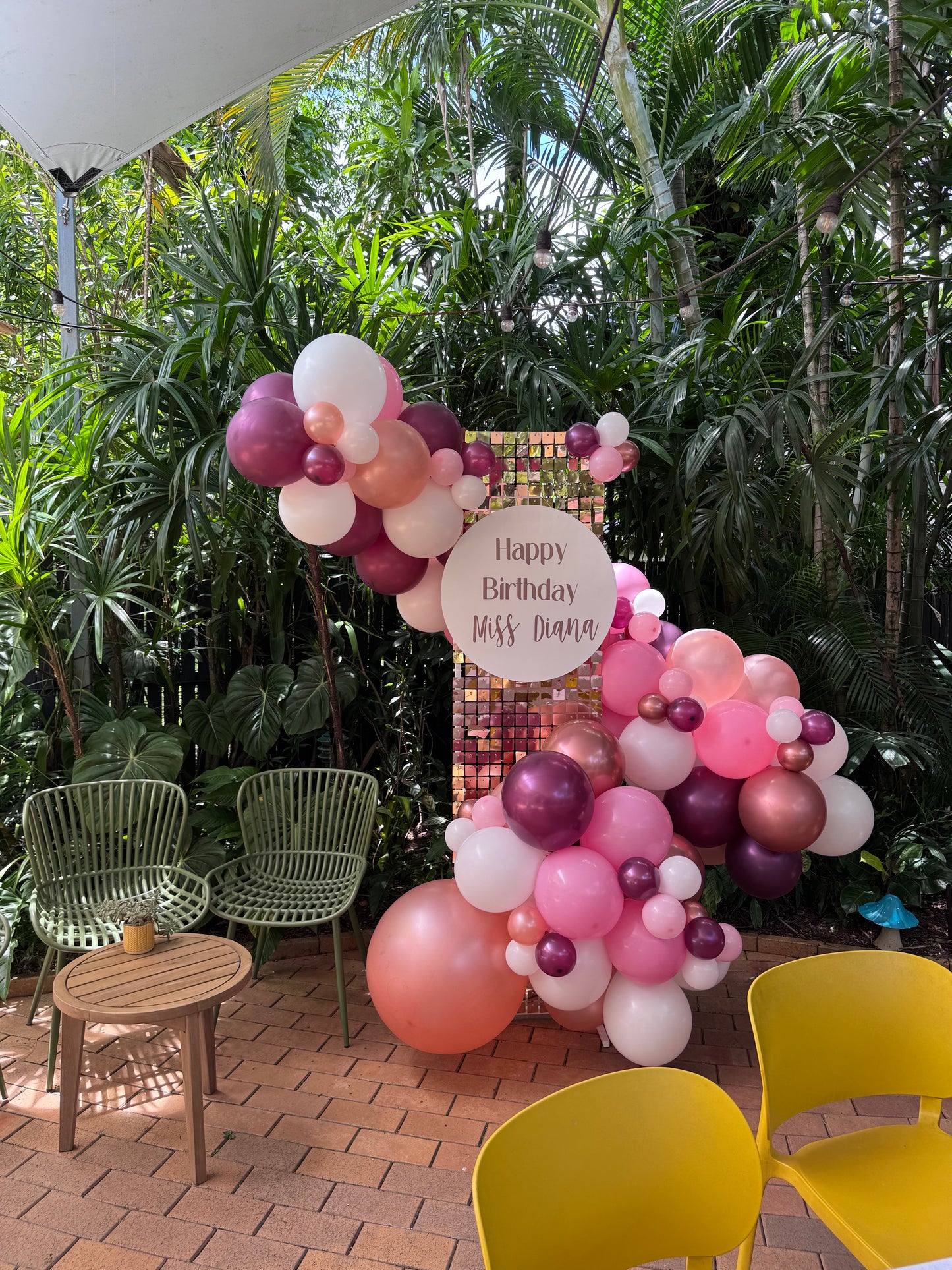 Luxe Shimmer Panel ROSE GOLD with Balloon Garlands & Personalised Sign Hire