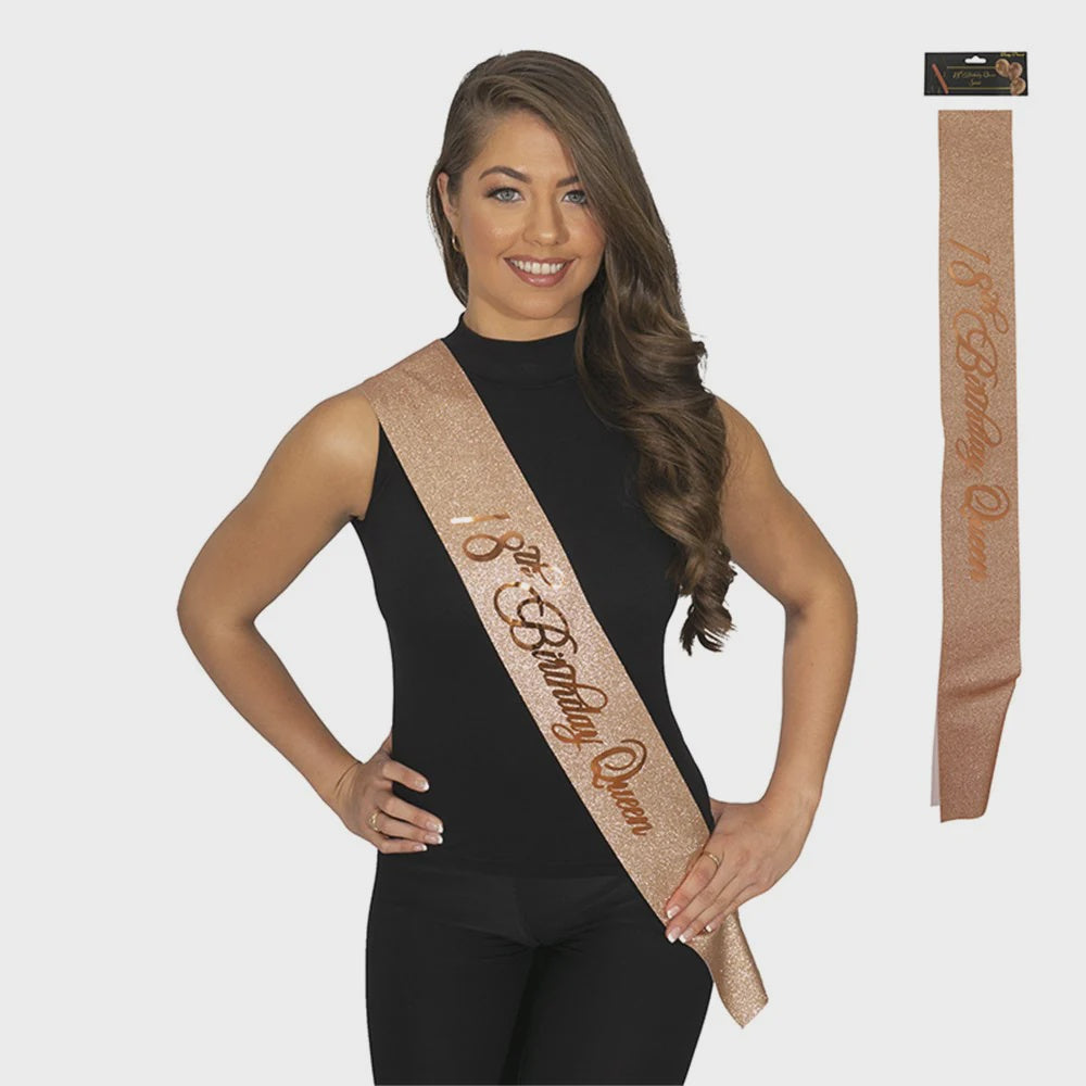 18th Birthday Queen Glitter Sash Rose Gold
