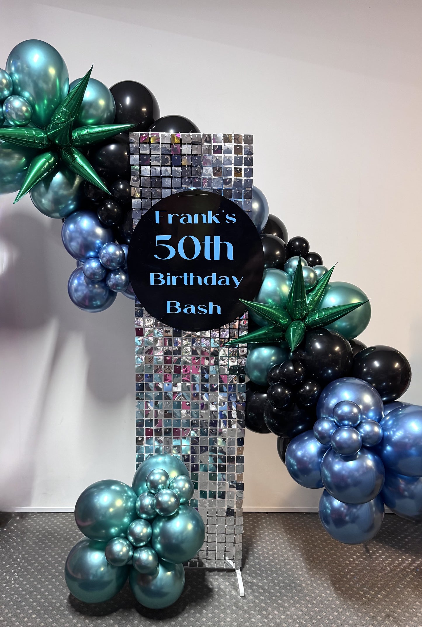 Luxe Shimmer Panel SILVER with Balloon Garlands & Personalised Sign Hire