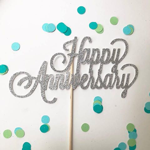 Glitter Cake Topper Happy Anniversary Silver