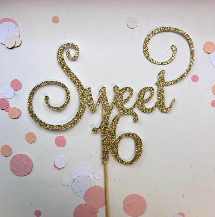 Glitter Cake Topper Sweet 16 Gold