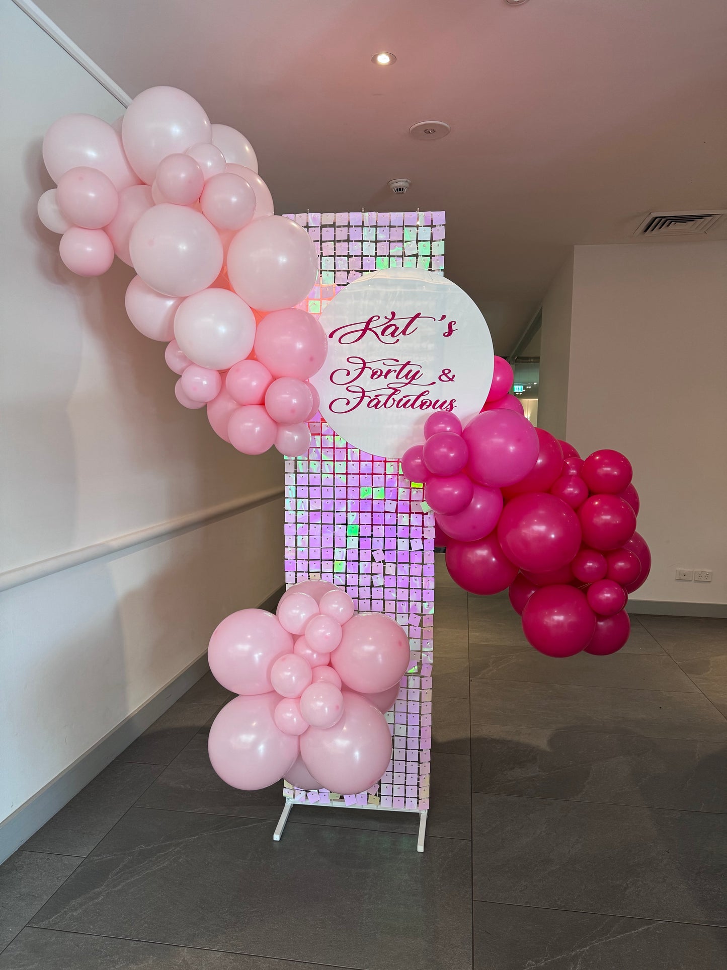 Luxe Shimmer Panel IRIDESCENT with Balloon Garland and Personalised Sign Hire