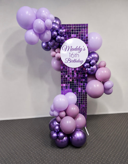 Luxe Shimmer Panel LILAC with Balloon Garlands & Personalised Sign Hire