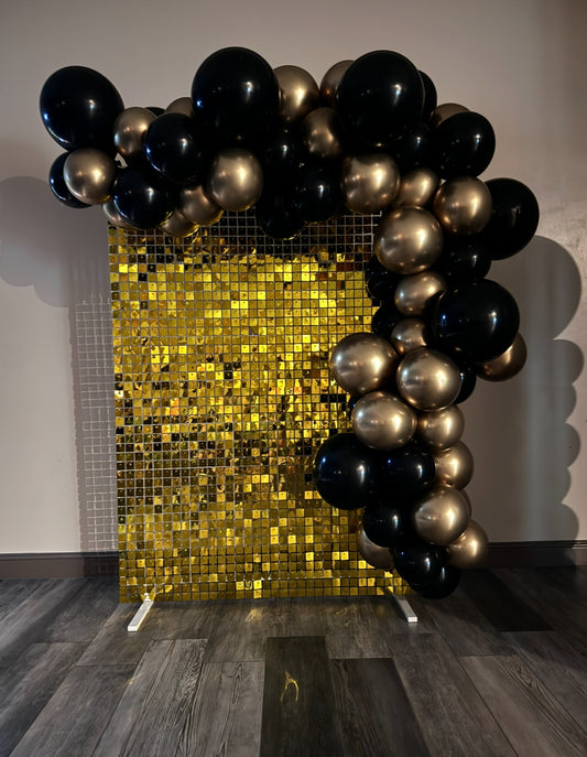 Shimmer Wall Hire - Gold with Balloon Garland