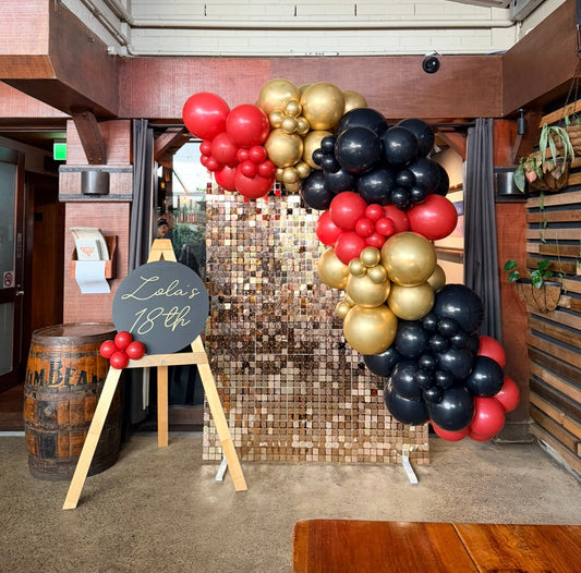 Shimmer Wall Hire - Rose Gold with Balloon Garland