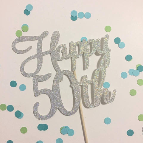 Glitter Cake Topper Happy 50th Silver