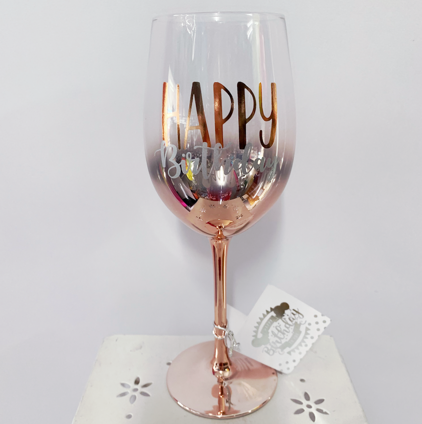 Wine Glass Rose Gold Happy Birthday