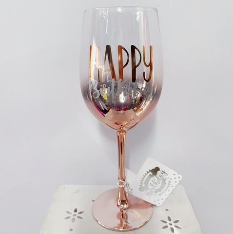 Wine Glass Rose Gold Happy Birthday