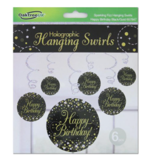 Hanging Swirl Decorations - Birthday Black/Gold