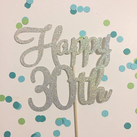 Glitter Cake Topper Happy 30th Silver