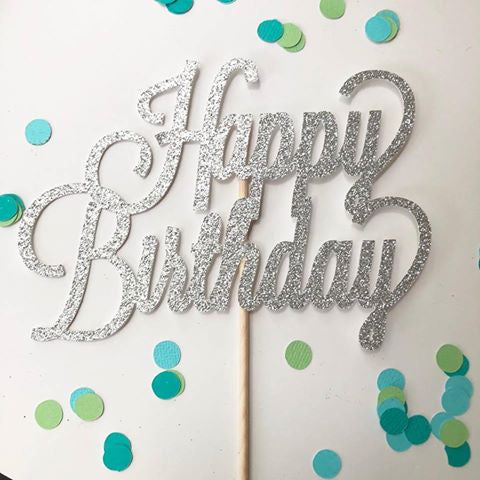 Glitter Cake Topper Happy Birthday Silver