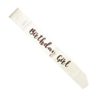 Satin Sash Birthday Girl Rose Gold on Ivory