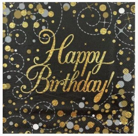 Napkins Happy Birthday Black/Gold Sparkling Fizz