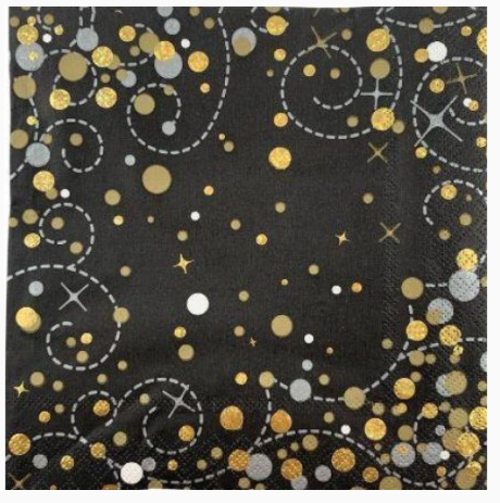 Napkins Plain/No Message Black/Gold Sparkling Fizz