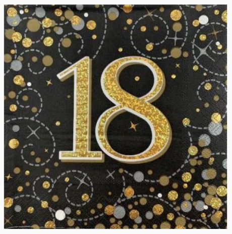 Napkins 18th Black/Gold Sparkling Fizz