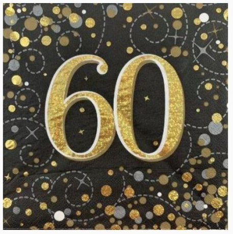 Napkins 60th Black/Gold Sparkling Fizz