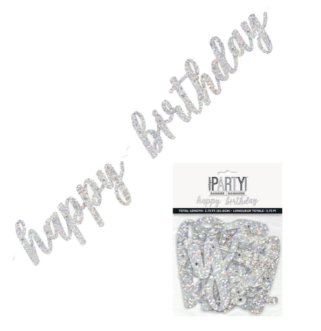 Banner Jointed Happy Birthday Holographic Silver