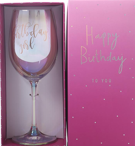 Wine Glass "Birthday Girl" Iridescent/ Rose Gold