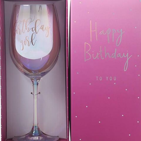 Wine Glass "Birthday Girl" Iridescent/ Rose Gold