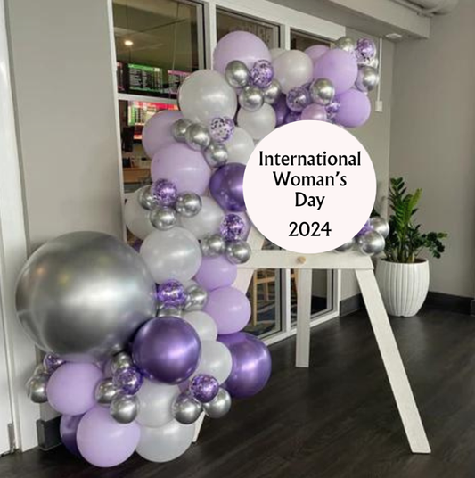 Int. Women's Day Balloon Garland, Custom Sign snd Easel