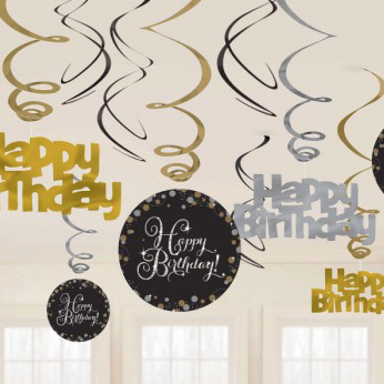 Birthday Swirl Decorations Happy Birthday Black/Gold/Silver