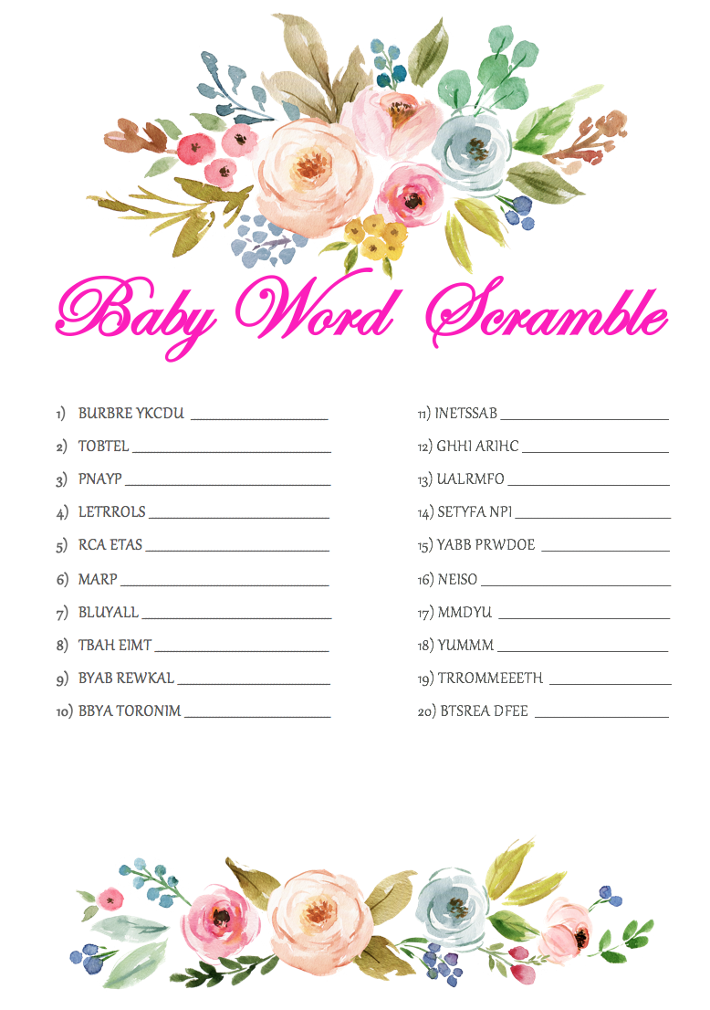 Baby Shower Word Scramble Word Scramble Baby Shower Game Watercolor