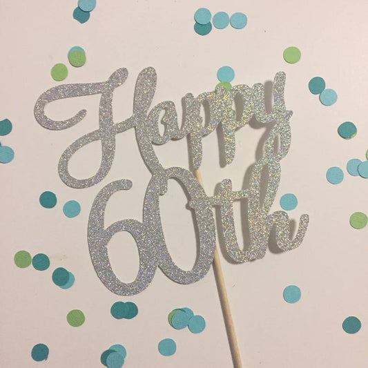 Glitter Cake Topper Happy 60th Silver