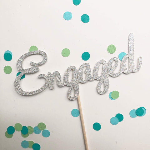 Glitter Cake Topper Engaged Silver