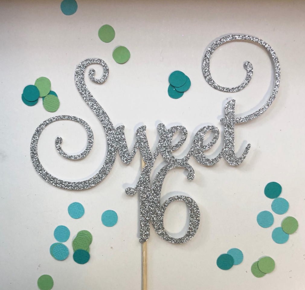 Glitter Cake Topper Sweet 16 Silver