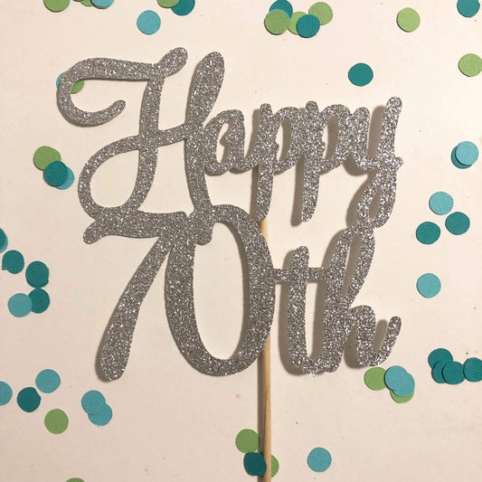 Glitter Cake Topper Happy 70th Silver